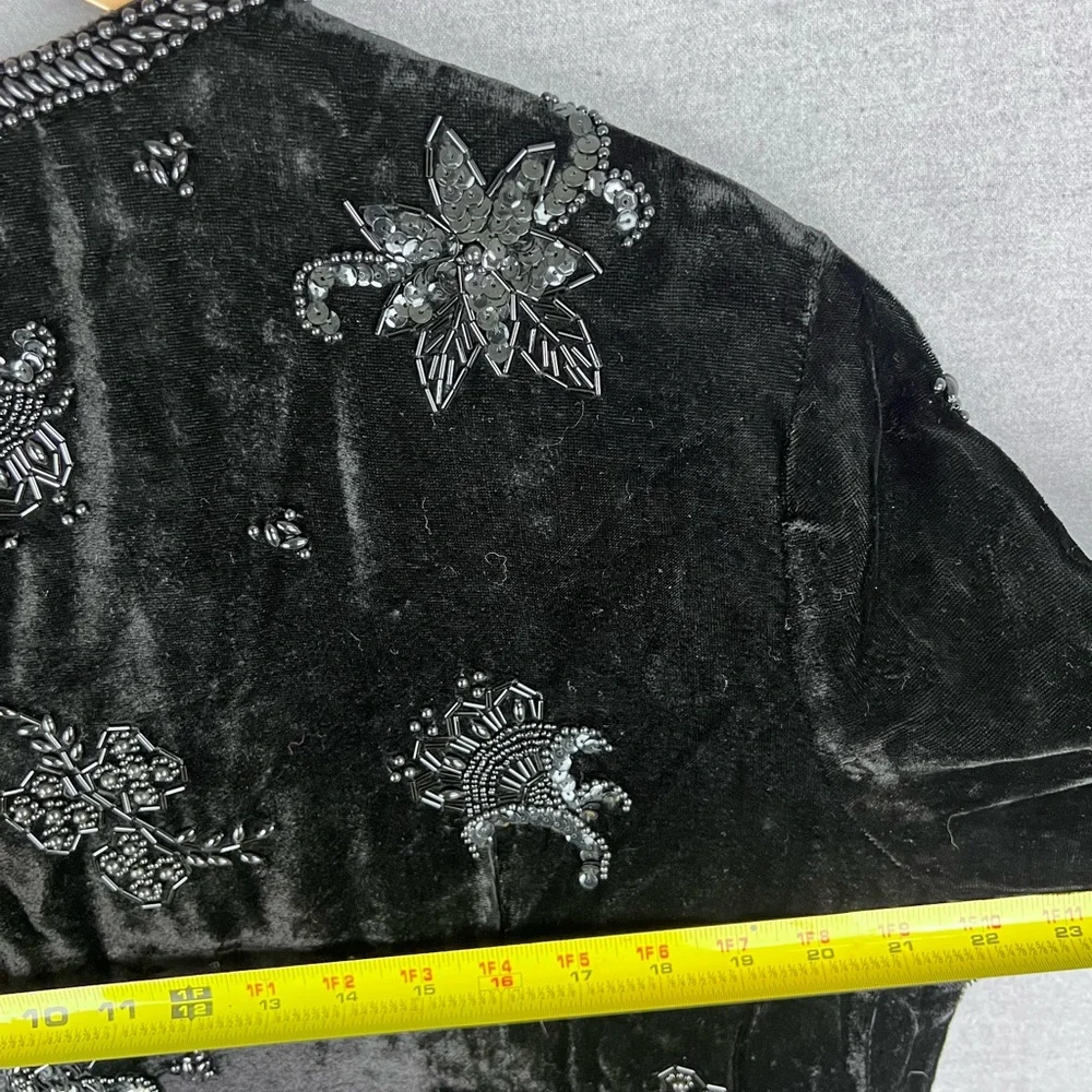 Capricci Vintage Black Velvet Beaded Sequin Fringe Open Jacket Evening Topper 14